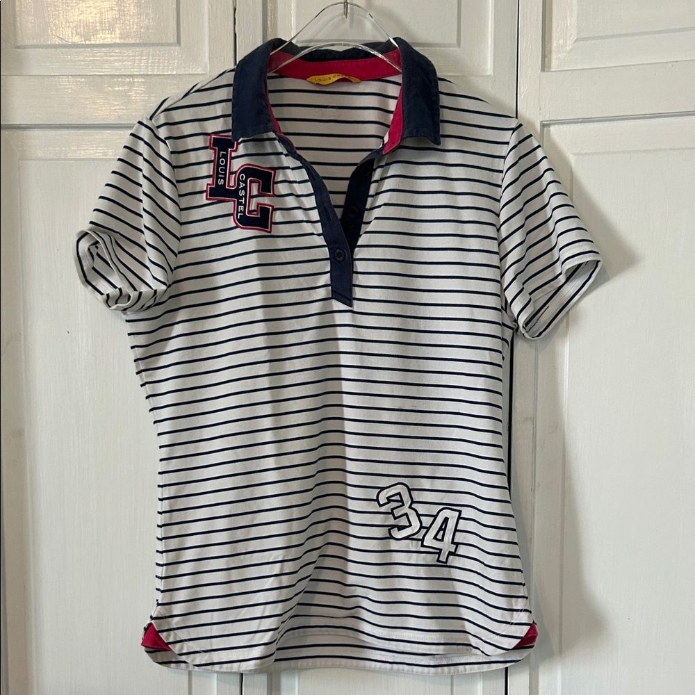 Louis Castel Golf Striped Navy and White with designer patches polo Size S